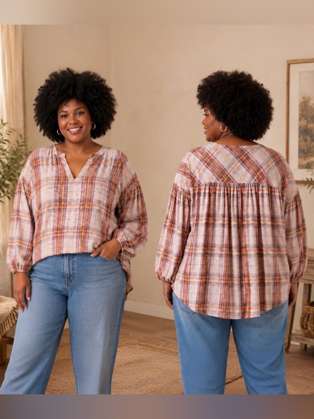 We The Free Plaid Peasant Tunic - Pink, Orange & Cream